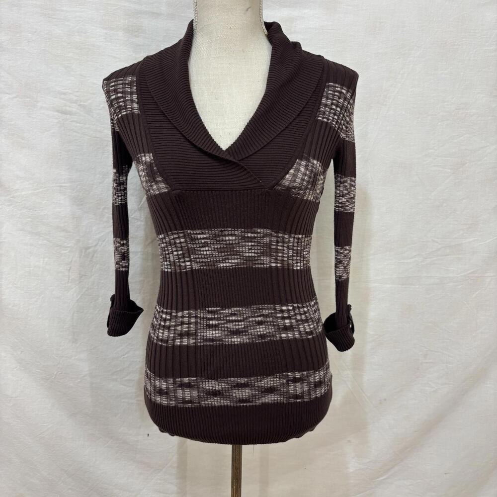 Vtg Y2K ribbed collared chocolate & cream sweater blouse sz medium